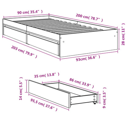 Bedframe met lades bewerkt hout grijs sonoma eiken 90x200 cm