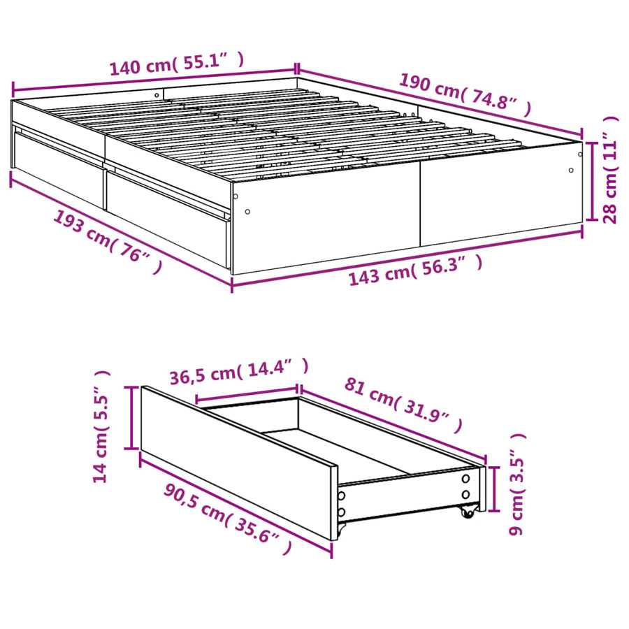 Bedframe met lades bewerkt hout sonoma eikenkleurig 140x190 cm