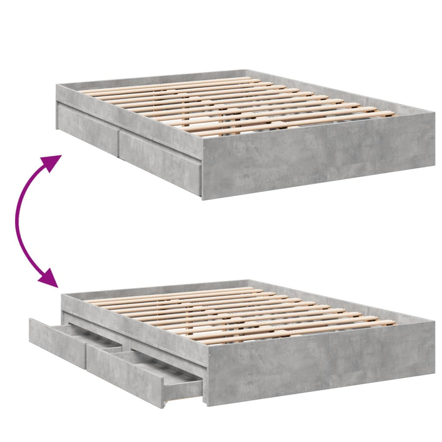 Bedframe met lades bewerkt hout betongrijs 135x190 cm