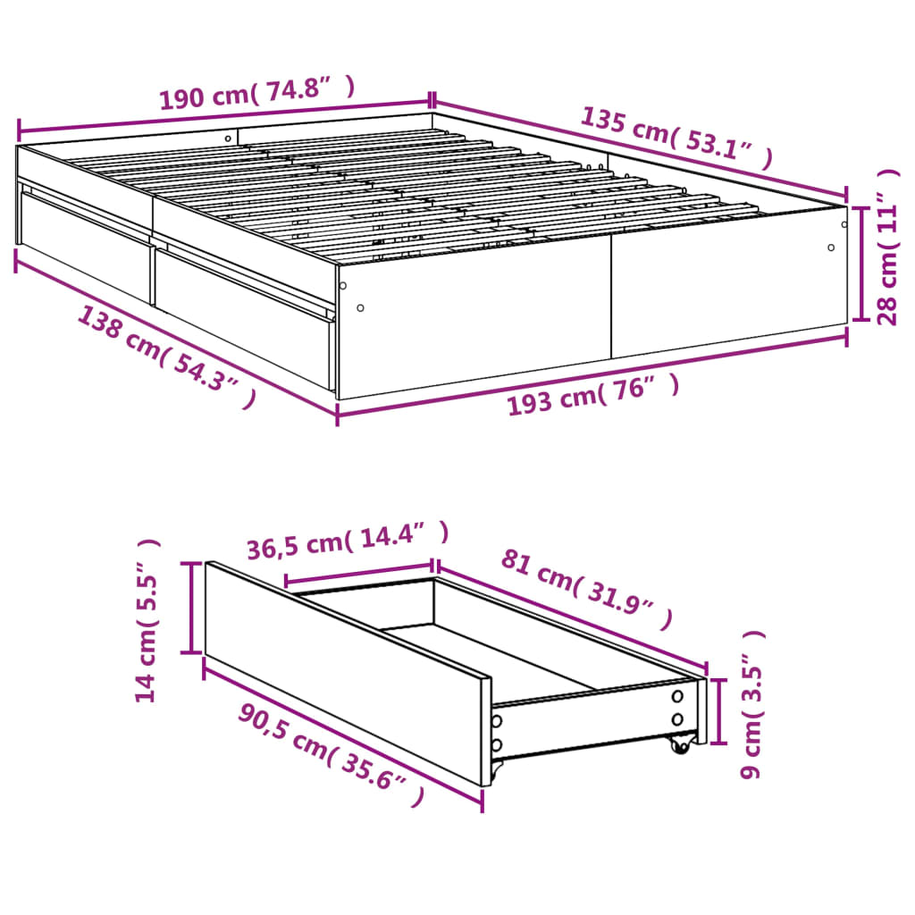 Bedframe met lades bewerkt hout gerookt eikenkleurig 135x190 cm