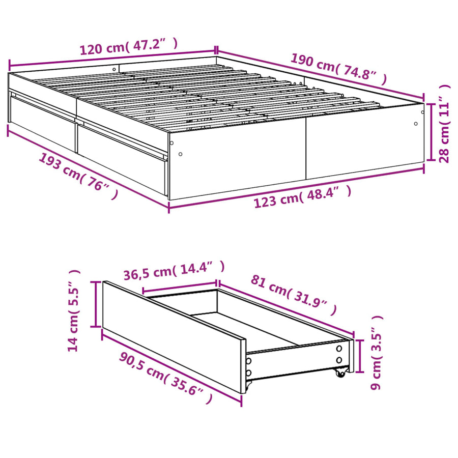 Bedframe met lades bewerkt hout grijs sonoma eiken 120x190 cm