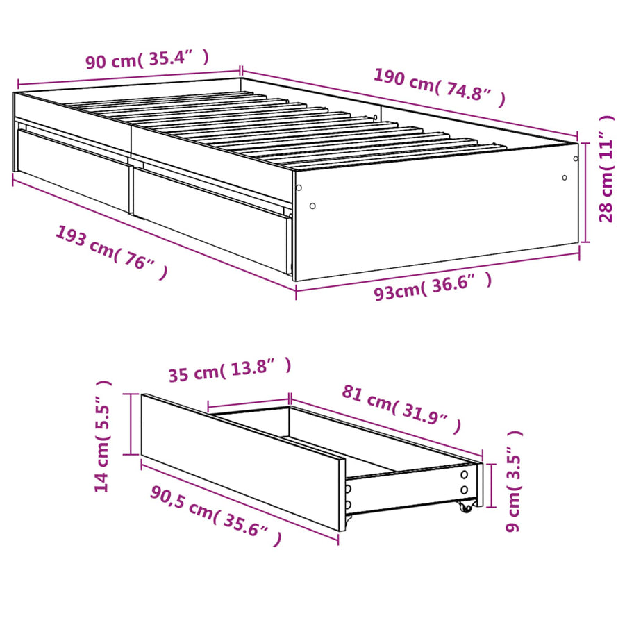 Bedframe met lades bewerkt hout sonoma eikenkleurig 90x190 cm