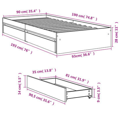 Bedframe met lades bewerkt hout betongrijs 90x190 cm