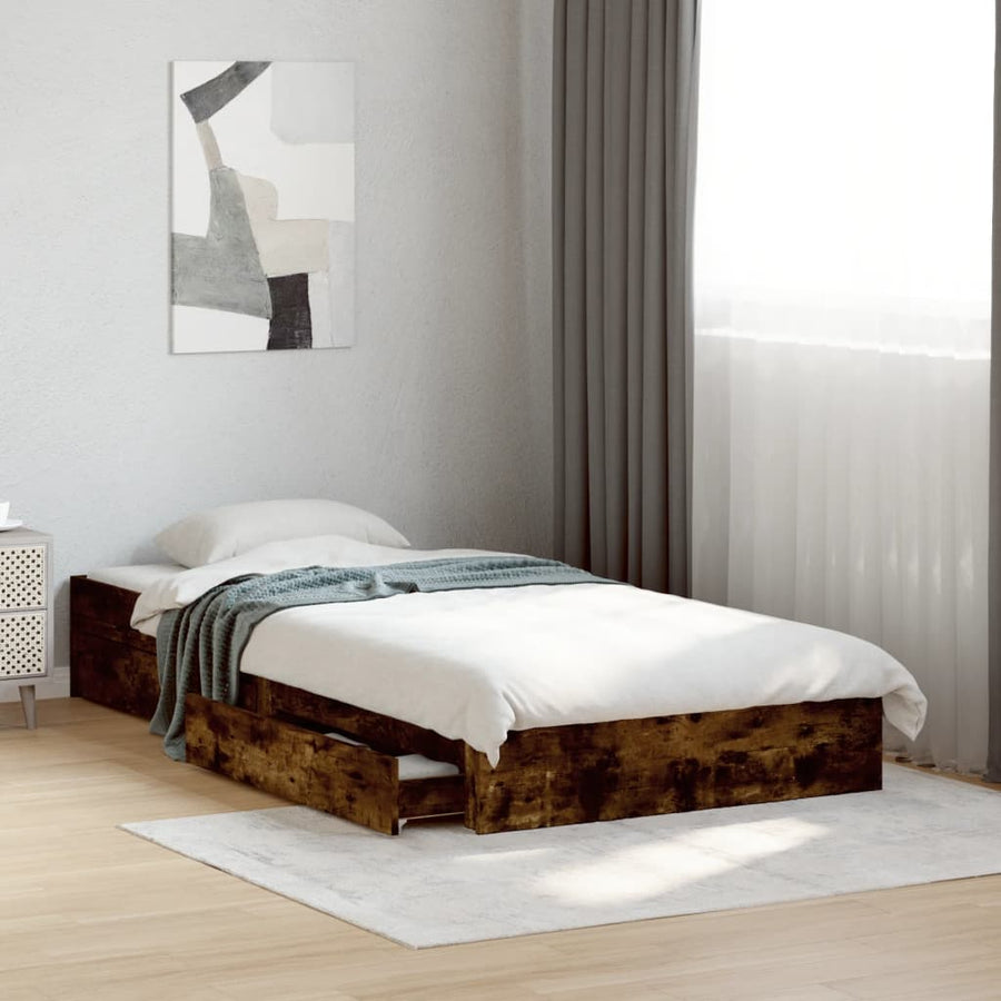 Bedframe met lades bewerkt hout gerookt eikenkleurig 90x190 cm