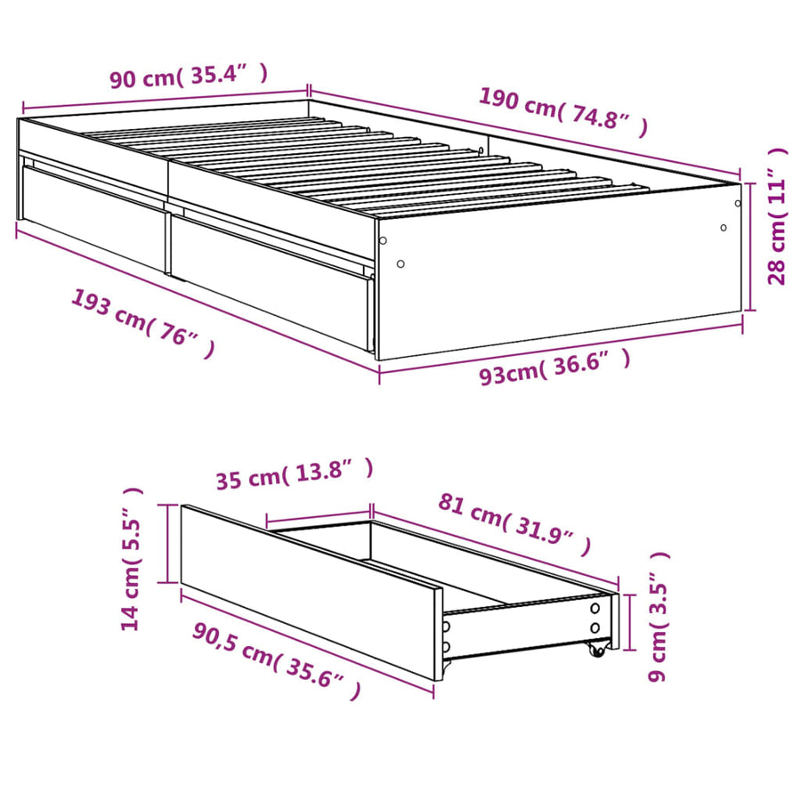 Bedframe met lades bewerkt hout gerookt eikenkleurig 90x190 cm