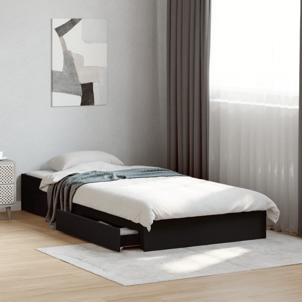 Bedframe met lades bewerkt hout zwart 75x190 cm