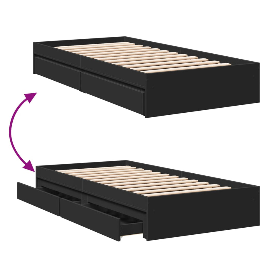 Bedframe met lades bewerkt hout zwart 75x190 cm
