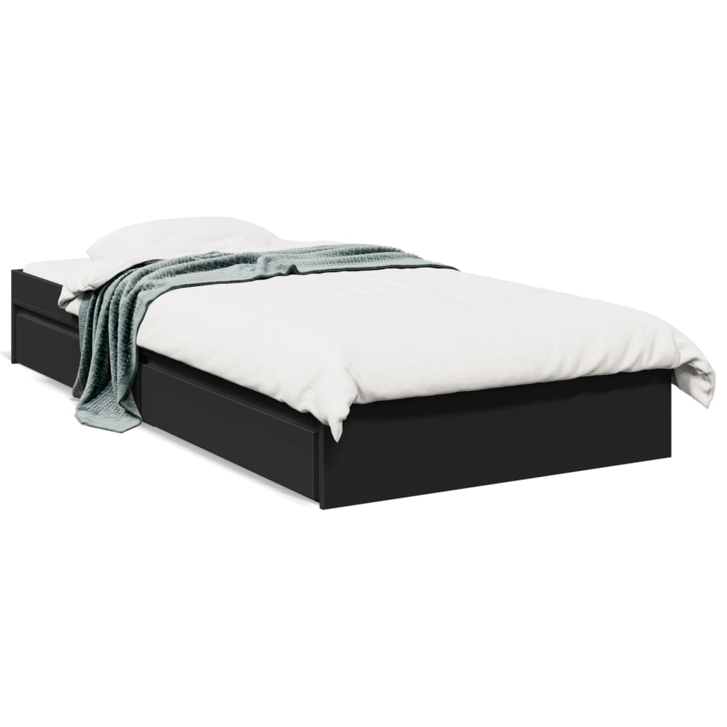 Bedframe met lades bewerkt hout zwart 75x190 cm