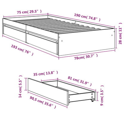 Bedframe met lades bewerkt hout betongrijs 75x190 cm