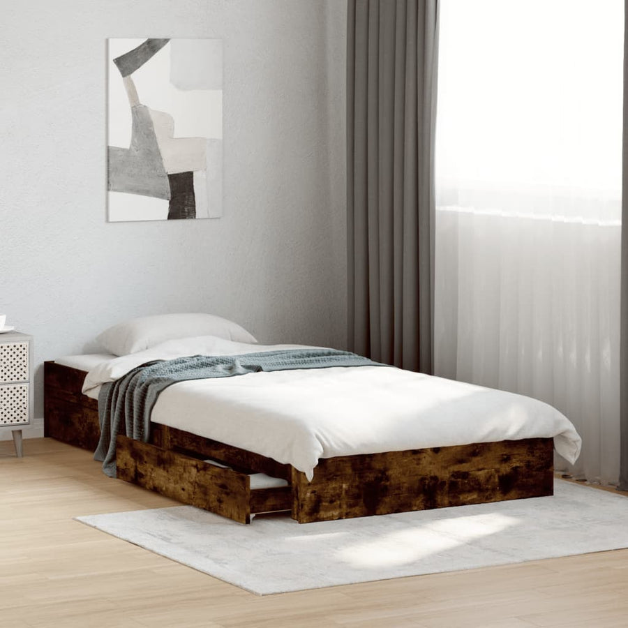 Bedframe met lades bewerkt hout gerookt eikenkleurig 75x190 cm
