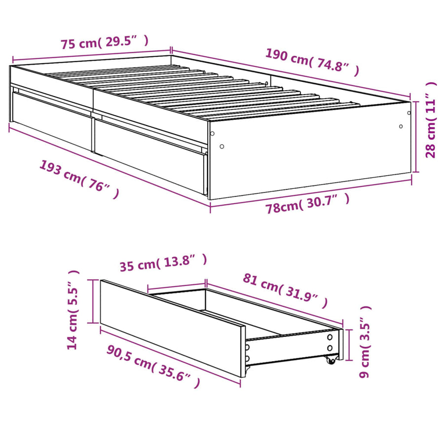 Bedframe met lades bewerkt hout gerookt eikenkleurig 75x190 cm