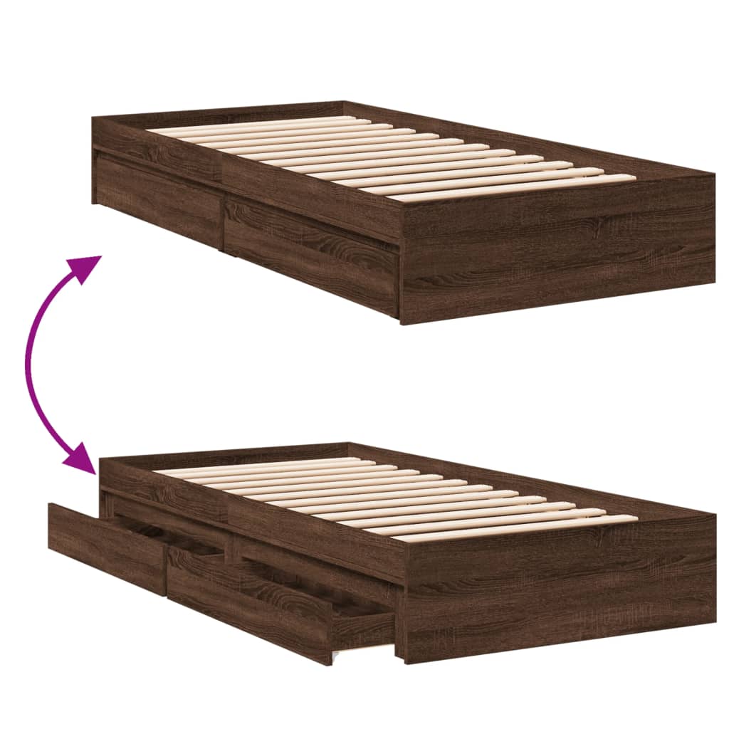 Bedframe met lades bewerkt hout bruin eikenkleurig 75x190 cm