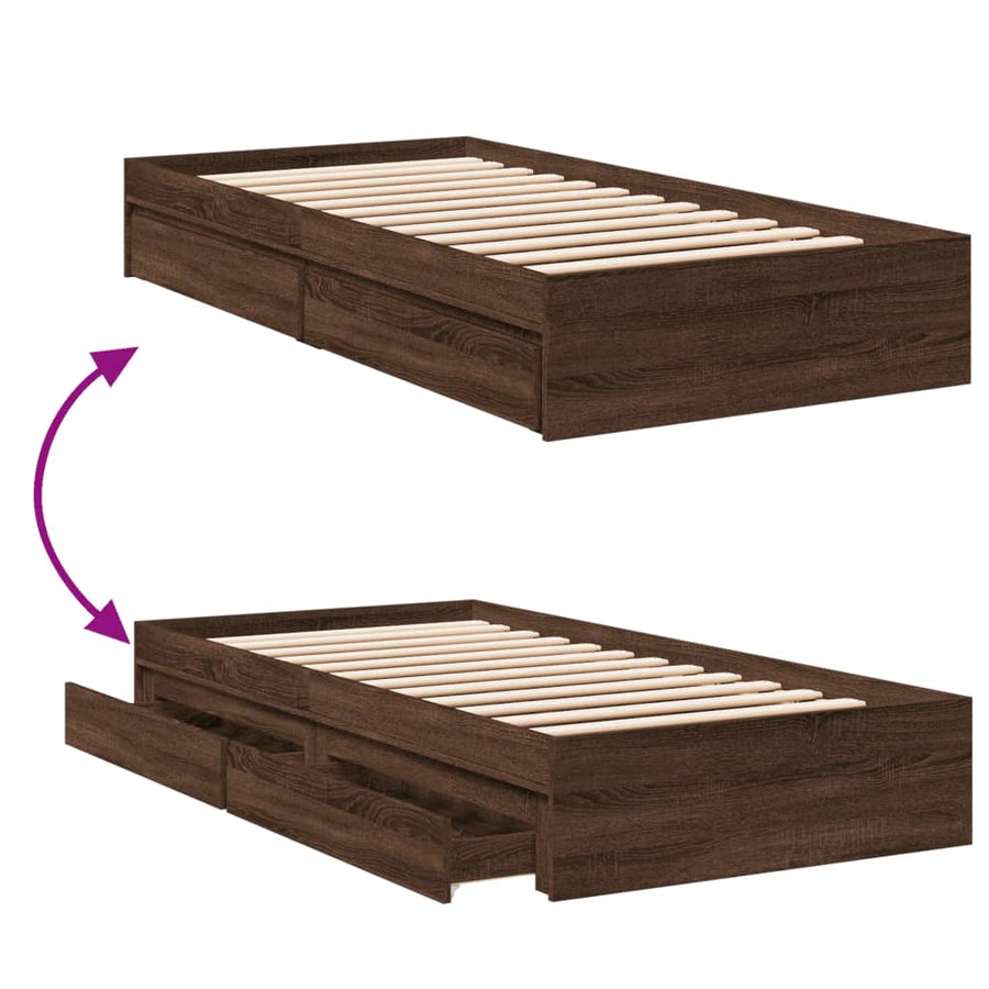 Bedframe met lades bewerkt hout bruin eikenkleurig 75x190 cm