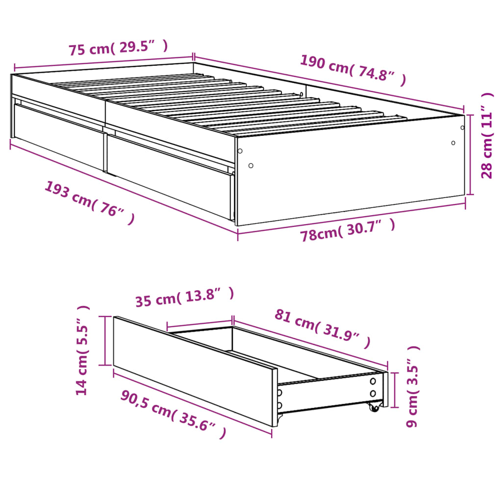 Bedframe met lades bewerkt hout bruin eikenkleurig 75x190 cm