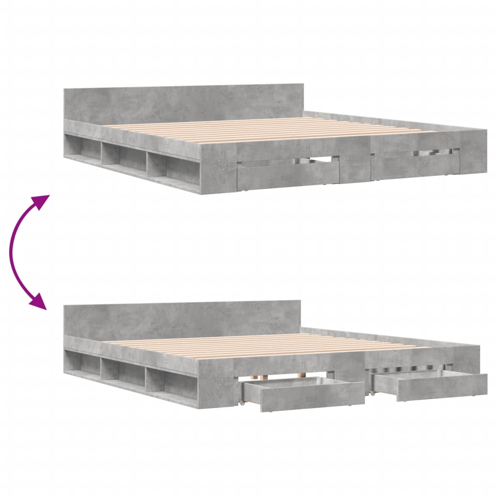 Bedframe met lades bewerkt hout betongrijs 200x200 cm