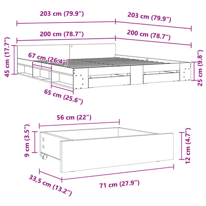 Bedframe met lades bewerkt hout betongrijs 200x200 cm