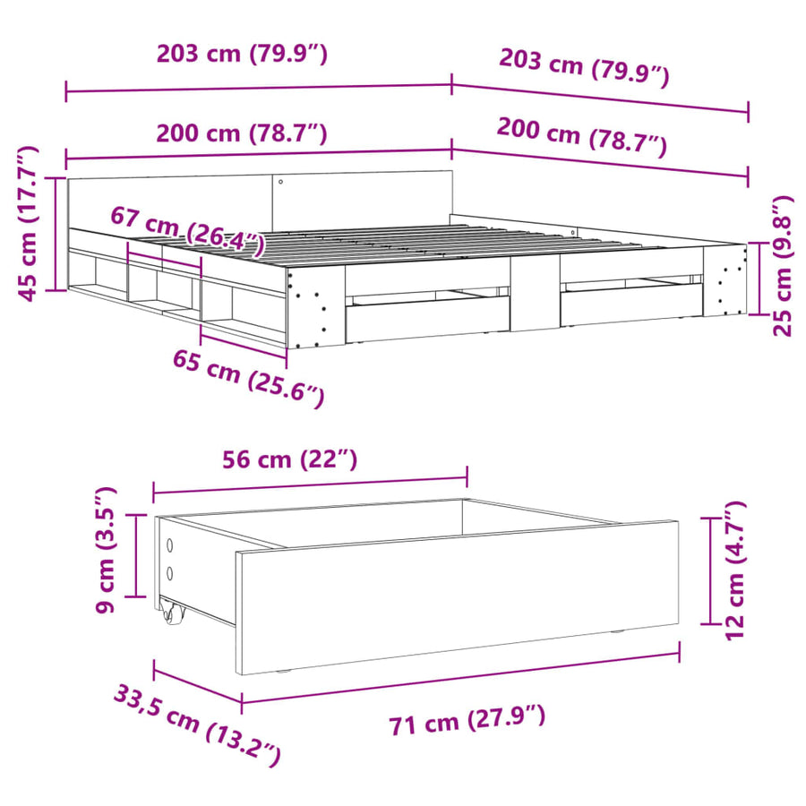 Bedframe met lades bewerkt hout betongrijs 200x200 cm