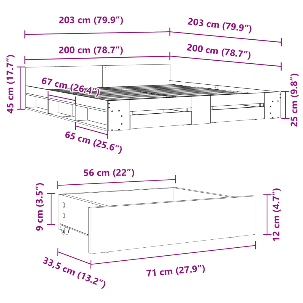 Bedframe met lades bewerkt hout gerookt eikenkleurig 200x200 cm