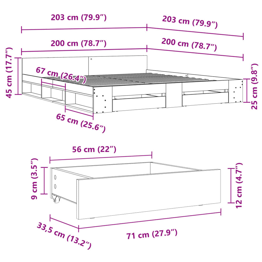 Bedframe met lades bewerkt hout grijs sonoma eiken 200x200 cm