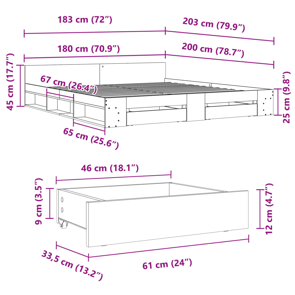Bedframe met lades bewerkt hout betongrijs 180x200 cm