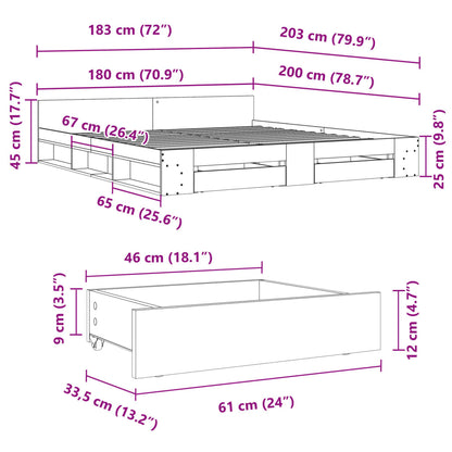 Bedframe met lades bewerkt hout betongrijs 180x200 cm