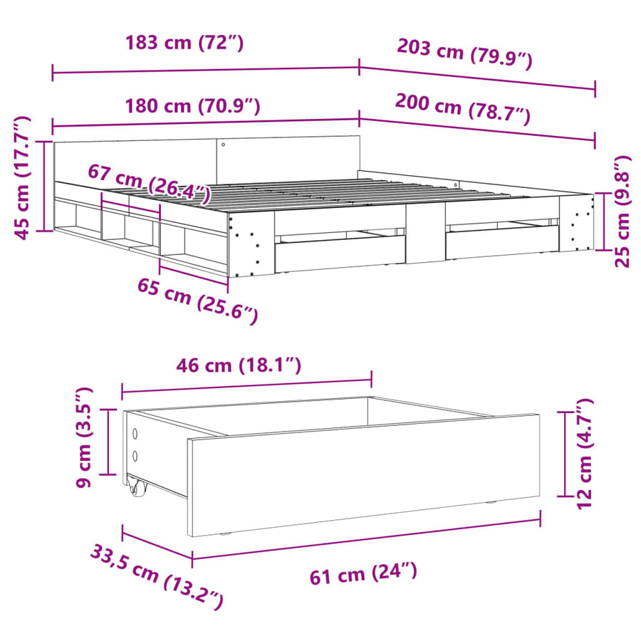 Bedframe met lades bewerkt hout betongrijs 180x200 cm