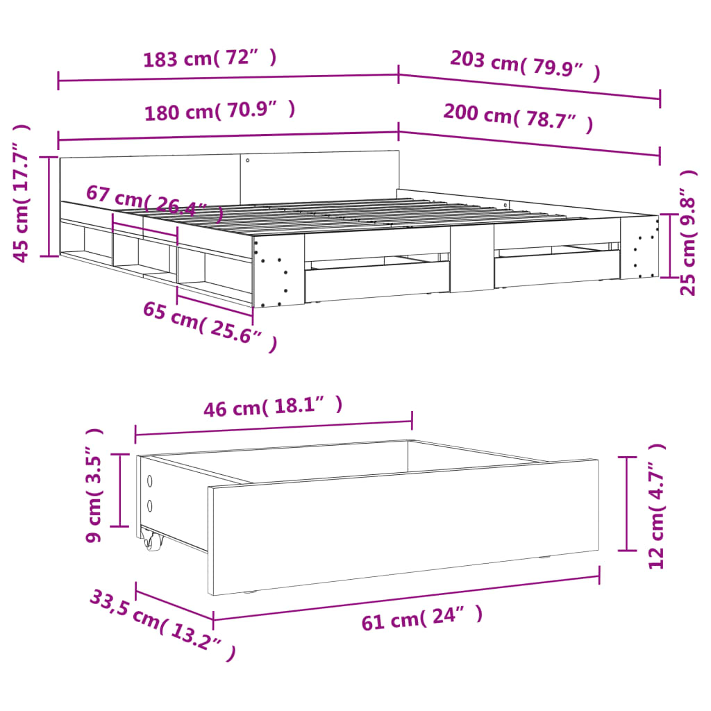 Bedframe met lades bewerkt hout grijs sonoma eiken 180x200 cm