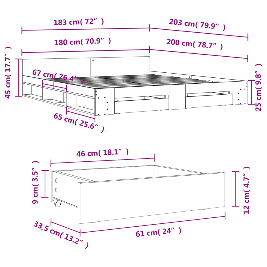 Bedframe met lades bewerkt hout grijs sonoma eiken 180x200 cm