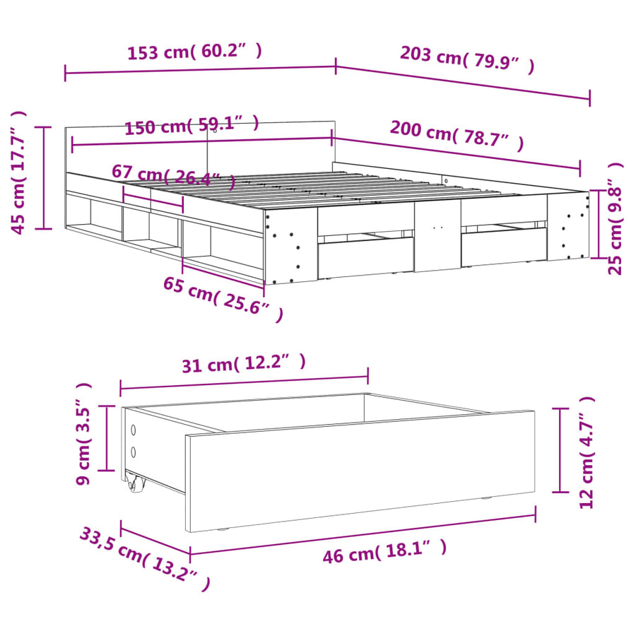 Bedframe met lades bewerkt hout grijs sonoma eiken 150x200 cm