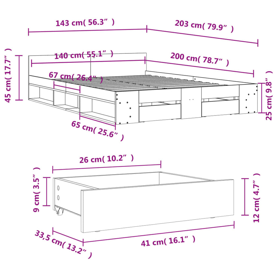 Bedframe met lades bewerkt hout grijs sonoma eiken 140x200 cm