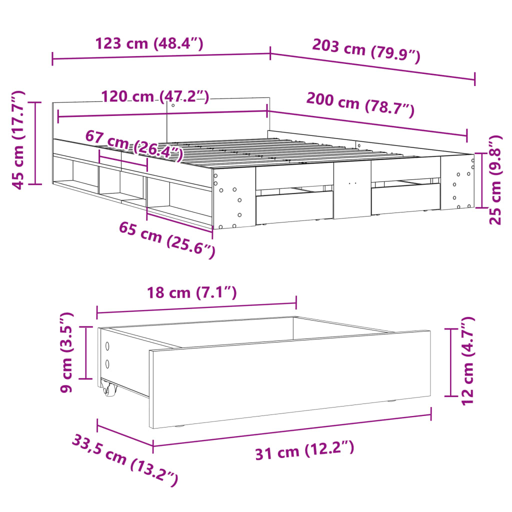 Bedframe met lades bewerkt hout gerookt eikenkleurig 120x200 cm