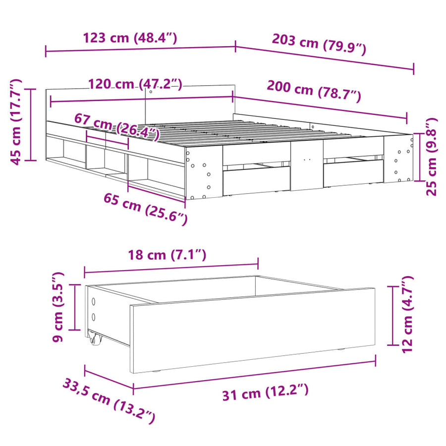 Bedframe met lades bewerkt hout grijs sonoma eiken 120x200 cm