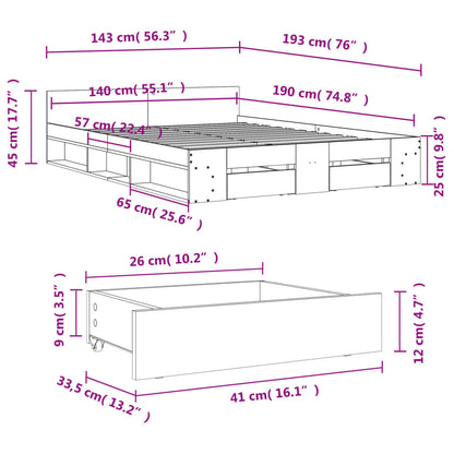 Bedframe met lades bewerkt hout betongrijs 140x190 cm