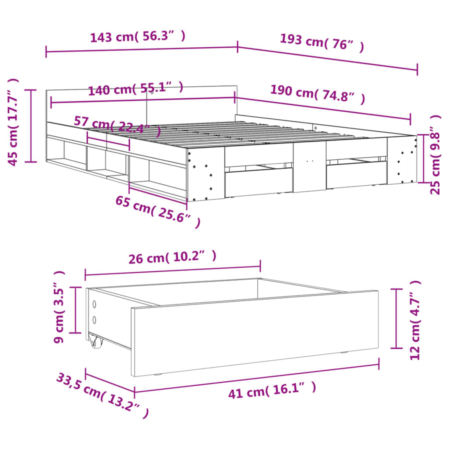 Bedframe met lades bewerkt hout gerookt eikenkleurig 140x190 cm
