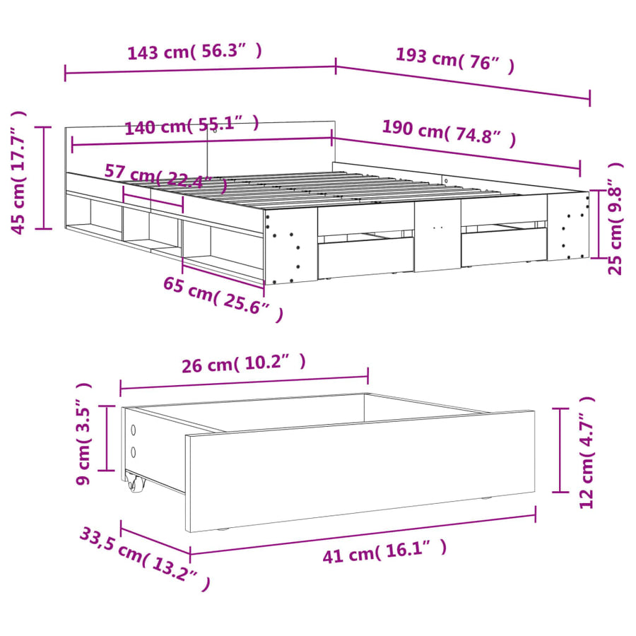 Bedframe met lades bewerkt hout grijs sonoma eiken 140x190 cm