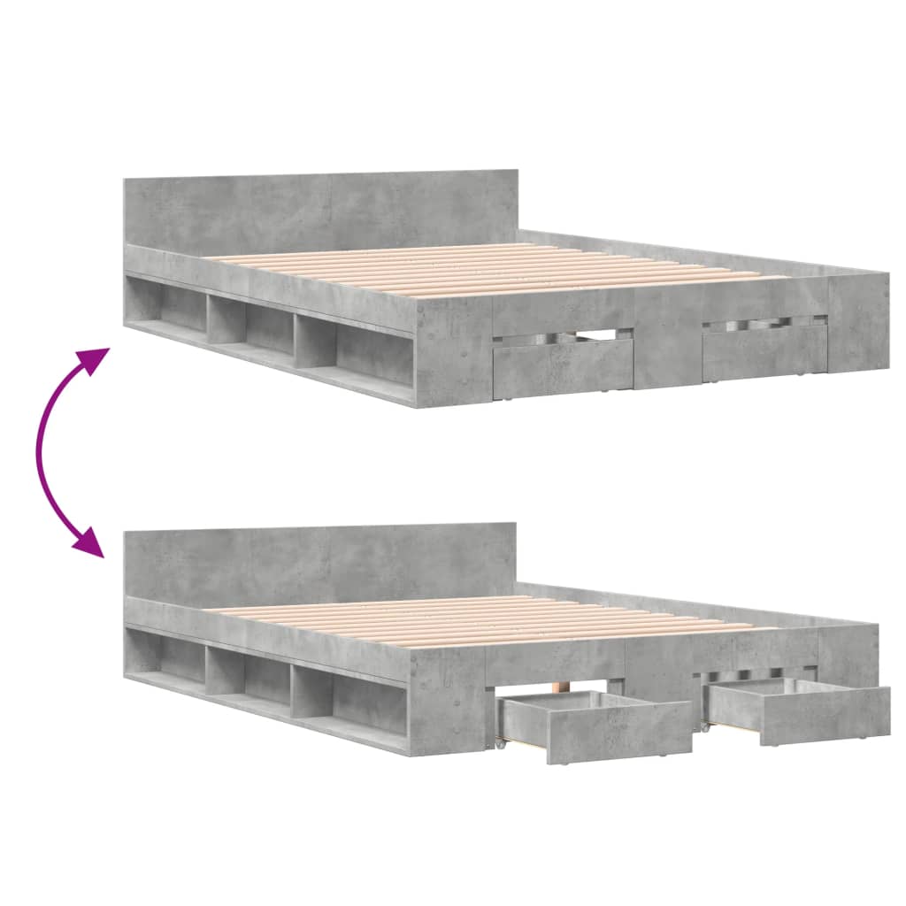 Bedframe met lades bewerkt hout betongrijs 135x190 cm