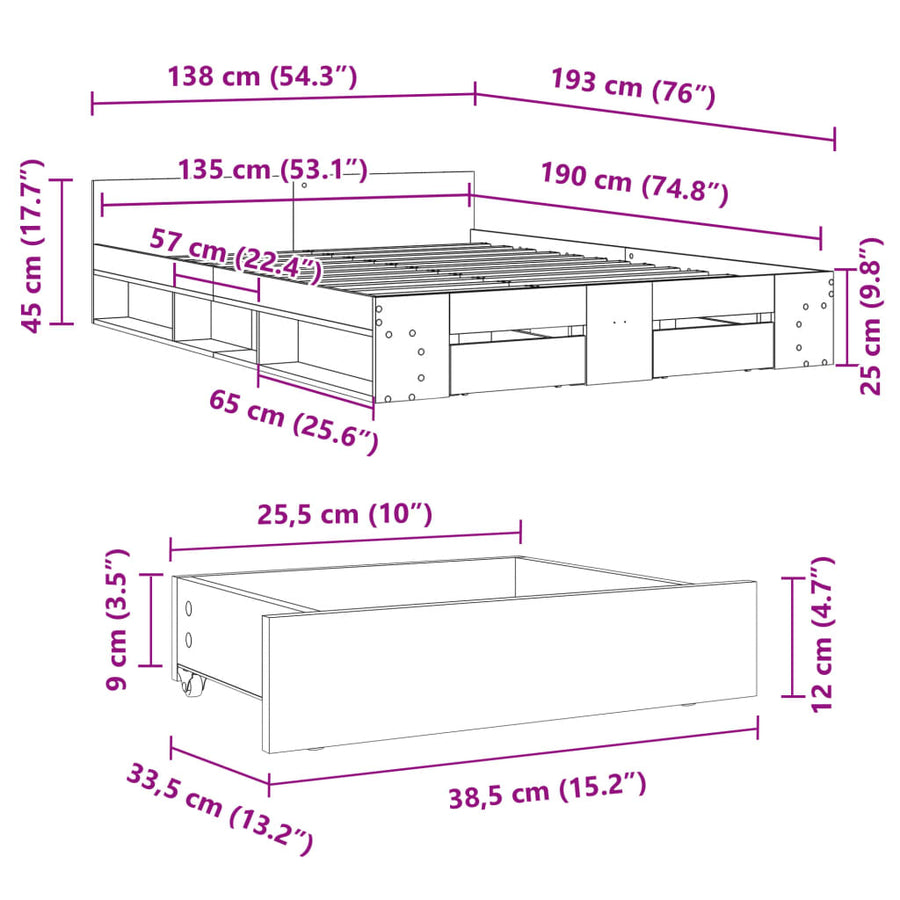 Bedframe met lades bewerkt hout betongrijs 135x190 cm