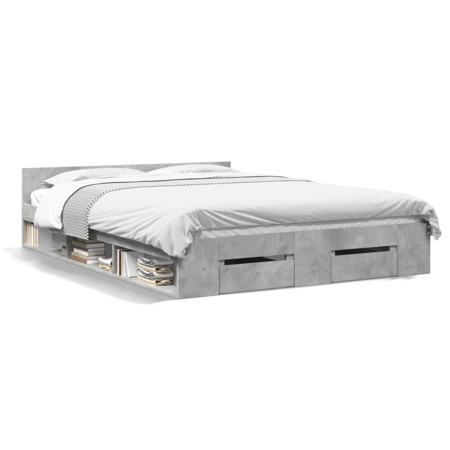 Bedframe met lades bewerkt hout betongrijs 135x190 cm