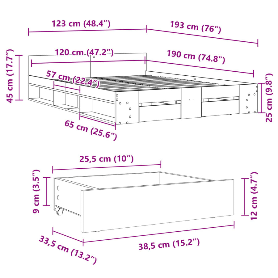 Bedframe met lades bewerkt hout sonoma eikenkleurig 120x190 cm