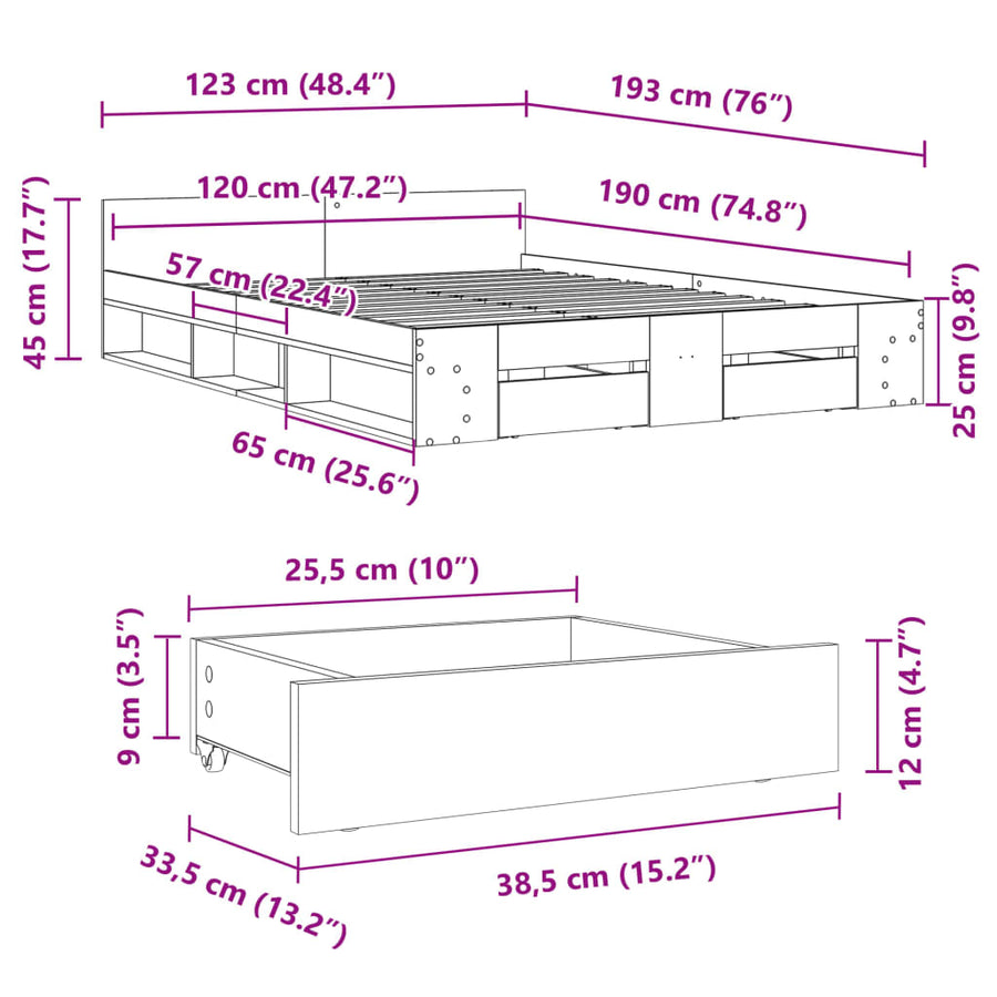 Bedframe met lades bewerkt hout grijs sonoma eiken 120x190 cm