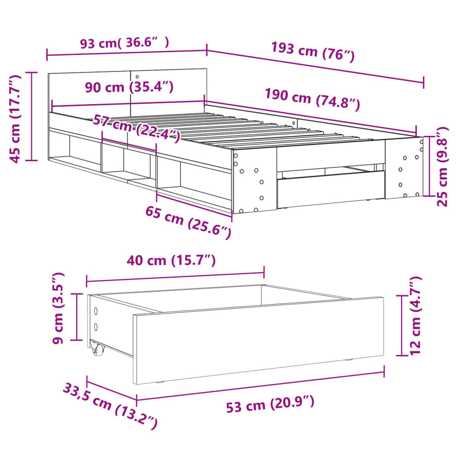 Bedframe met lade bewerkt hout zwart 90x190 cm