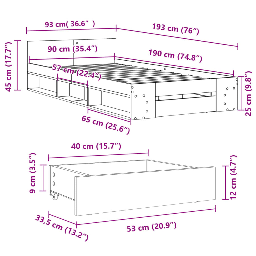 Bedframe met lade bewerkt hout sonoma eikenkleurig 90x190 cm
