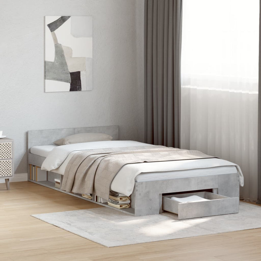 Bedframe met lade bewerkt hout betongrijs 90x190 cm