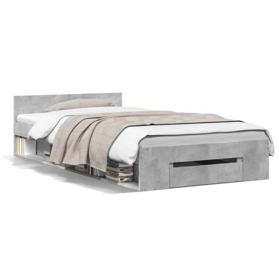 Bedframe met lade bewerkt hout betongrijs 90x190 cm