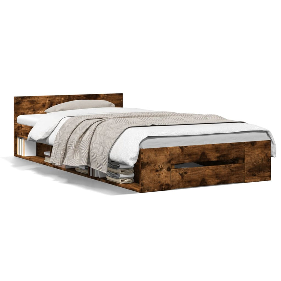 Bedframe met lade bewerkt hout gerookt eikenkleurig 90x190 cm