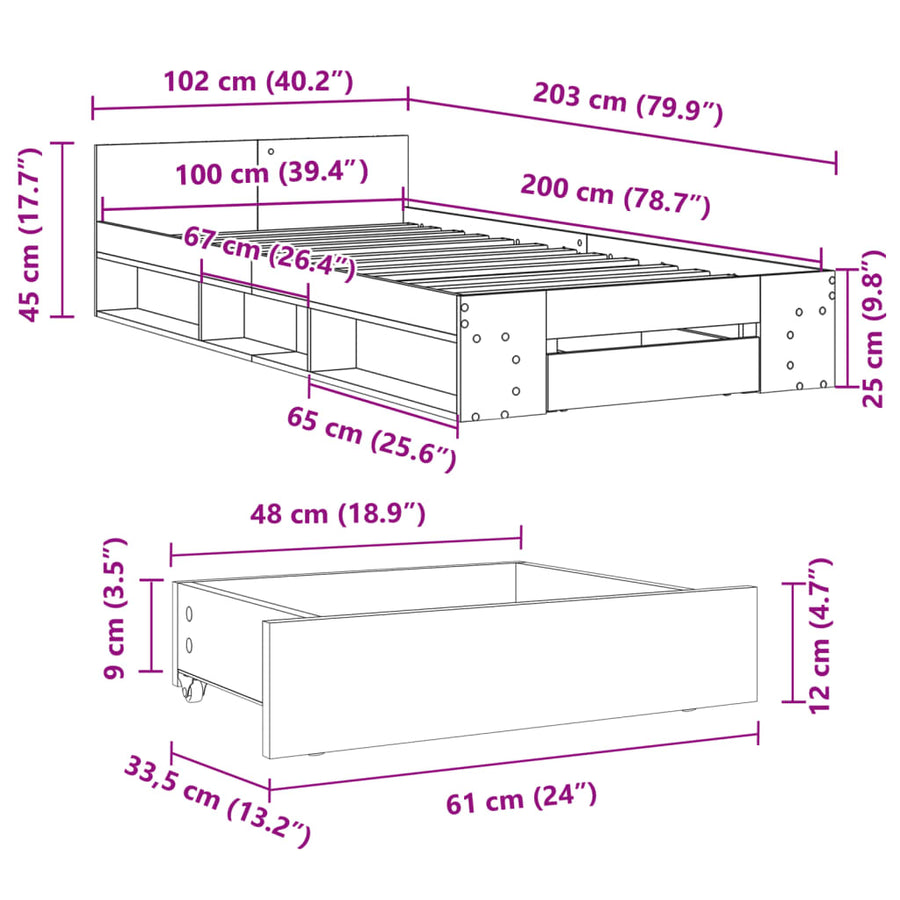 Bedframe met lade bewerkt hout sonoma eikenkleurig 100x200 cm