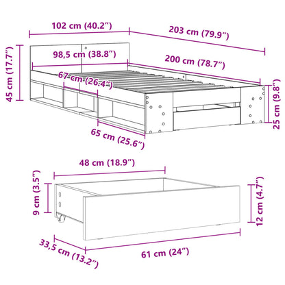 Bedframe met lade bewerkt hout betongrijs 100x200 cm
