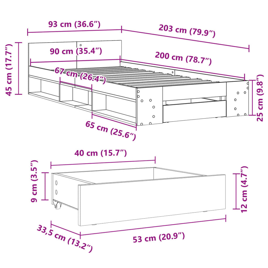 Bedframe met lade bewerkt hout sonoma eikenkleurig 90x200 cm