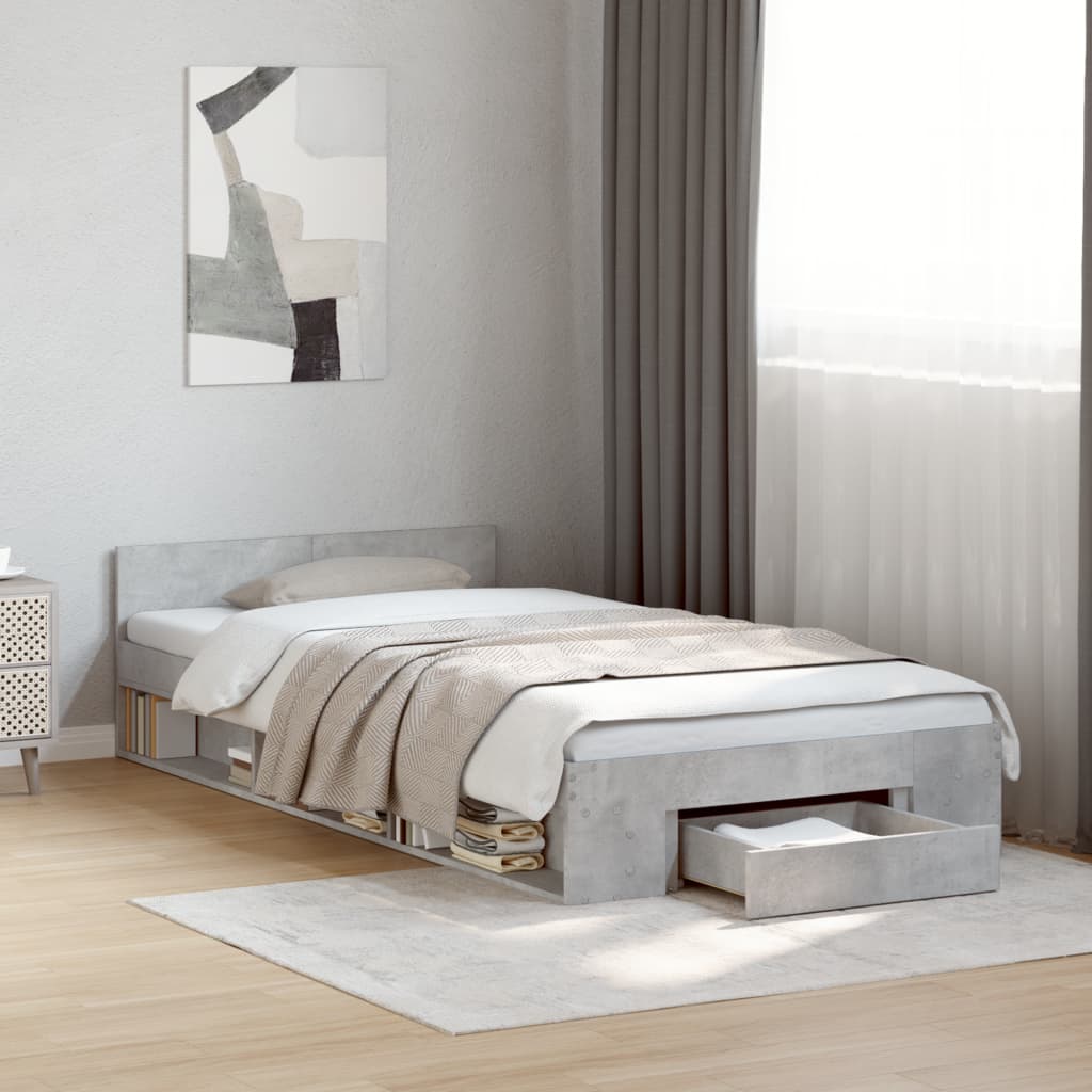 Bedframe met lade bewerkt hout betongrijs 90x200 cm