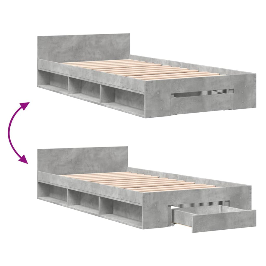 Bedframe met lade bewerkt hout betongrijs 90x200 cm